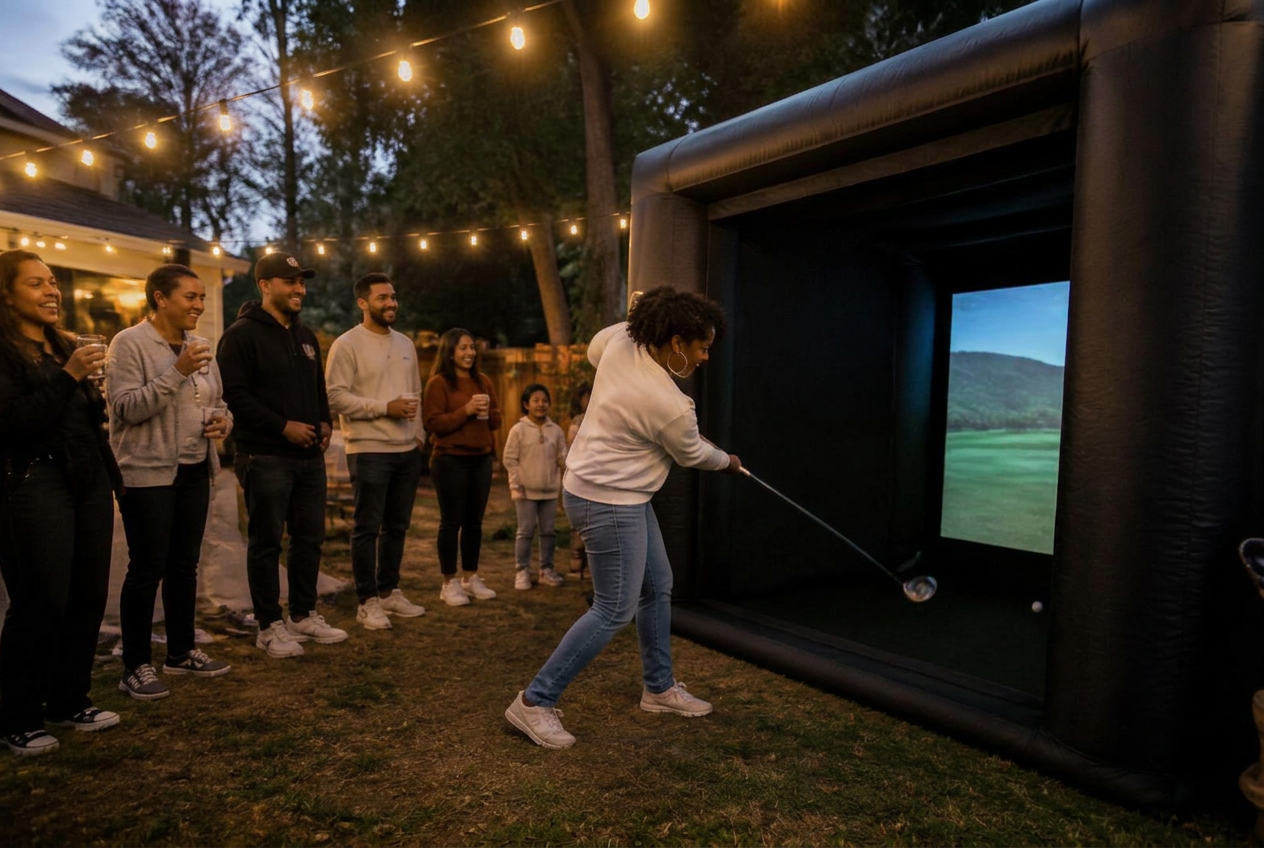 Backyard gathering under string lights as a guest swings into the enclosure