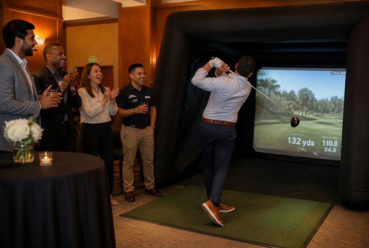 Colleagues cheering a coworker mid-swing at an indoor corporate mixer