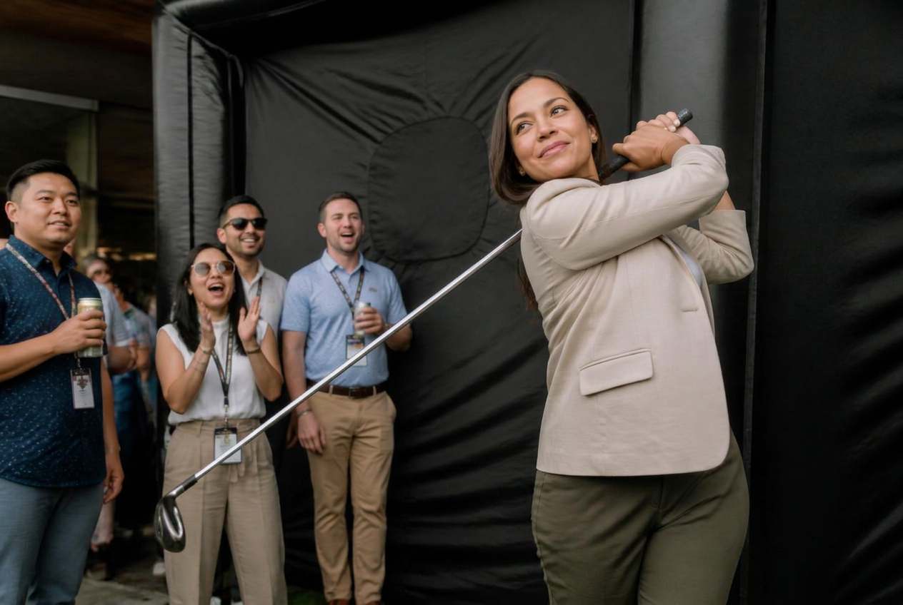 Guest in business-casual attire mid-swing as coworkers react at a corporate event