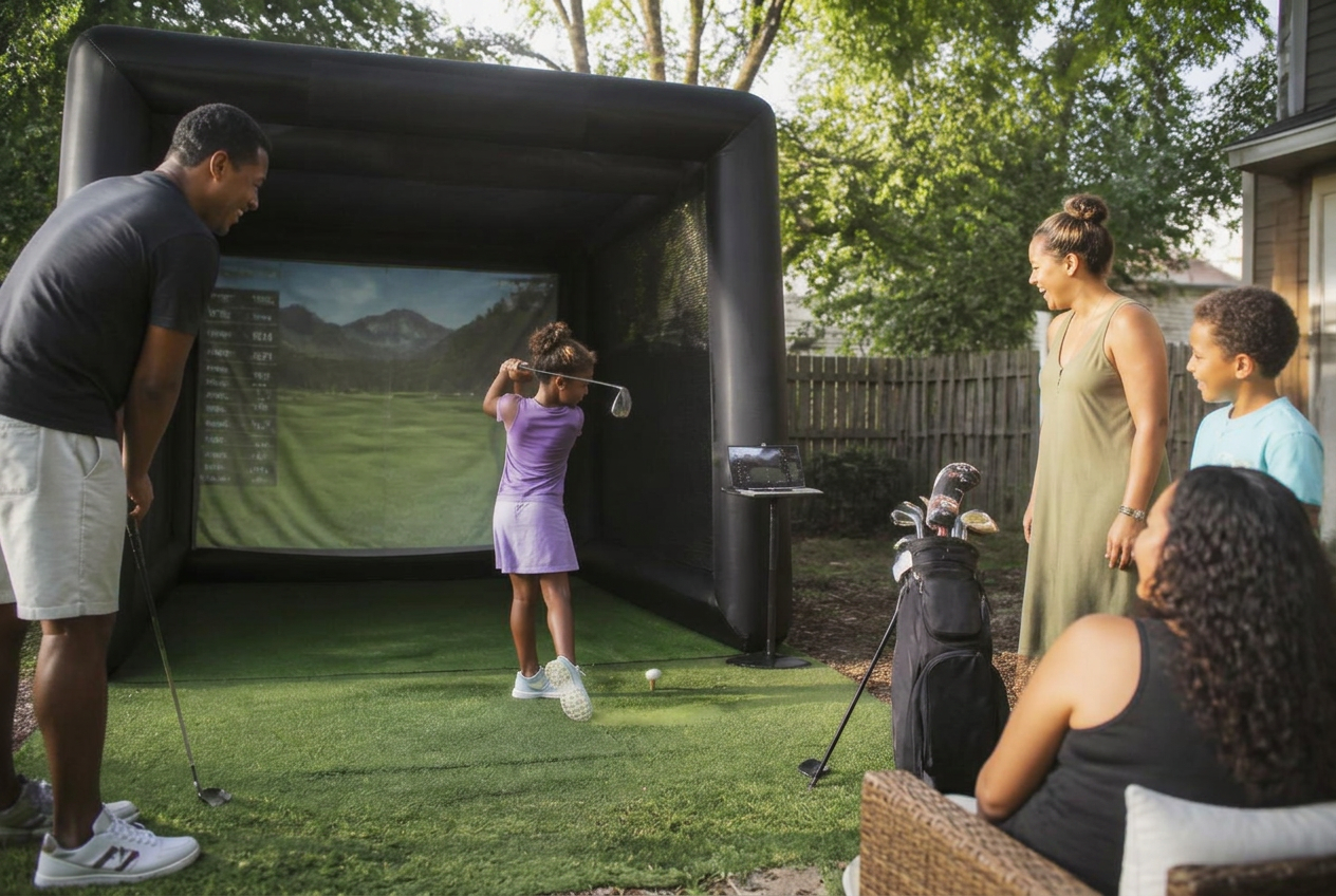 Family in a backyard watching a young golfer swing a junior club at the enclosure