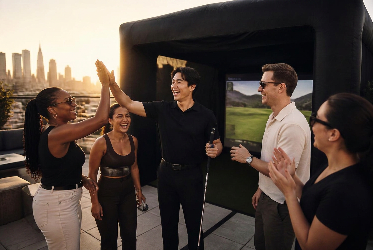 Friends high-fiving at golden hour beside the enclosure on a rooftop lounge
